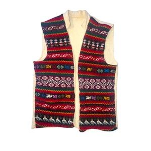 Peruvian Sweater Open Front Vest Multicolor Pattern On Front Solid Back Size Sm